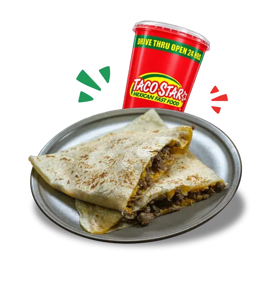Quesadilla y bebida de Taco Star